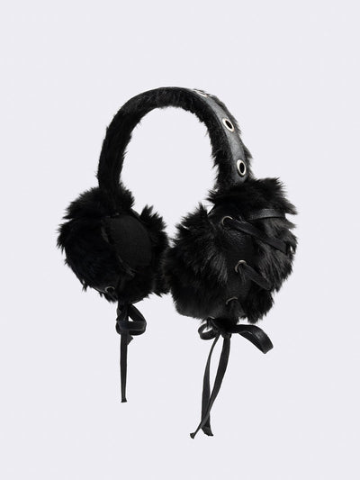 Black faux fur earmuffs and silver eyelet and lace up details.