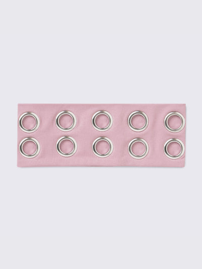 Headband in baby pink with chunky silver eyelets. 