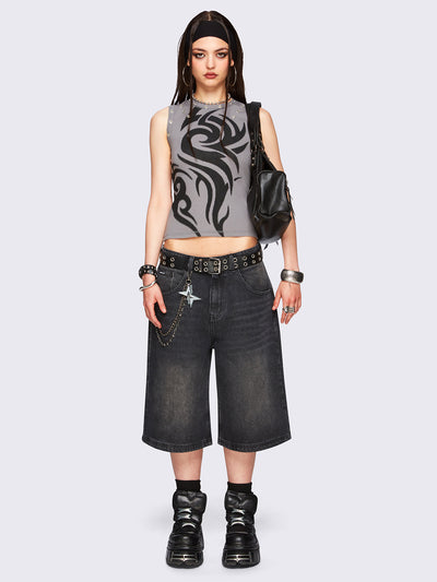 Grey tank top with black sigilism tribal tattoo front print, eyelet trim details, sleeveless style and slim fit.