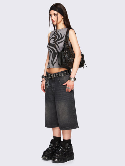 Grey tank top with black sigilism tribal tattoo front print, eyelet trim details, sleeveless style and slim fit.