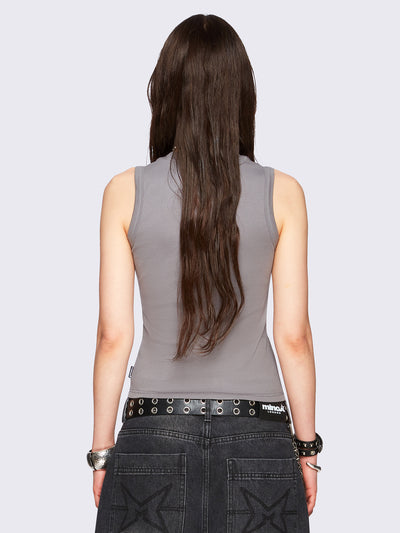 Grey tank top with black sigilism tribal tattoo front print, eyelet trim details, sleeveless style and slim fit.