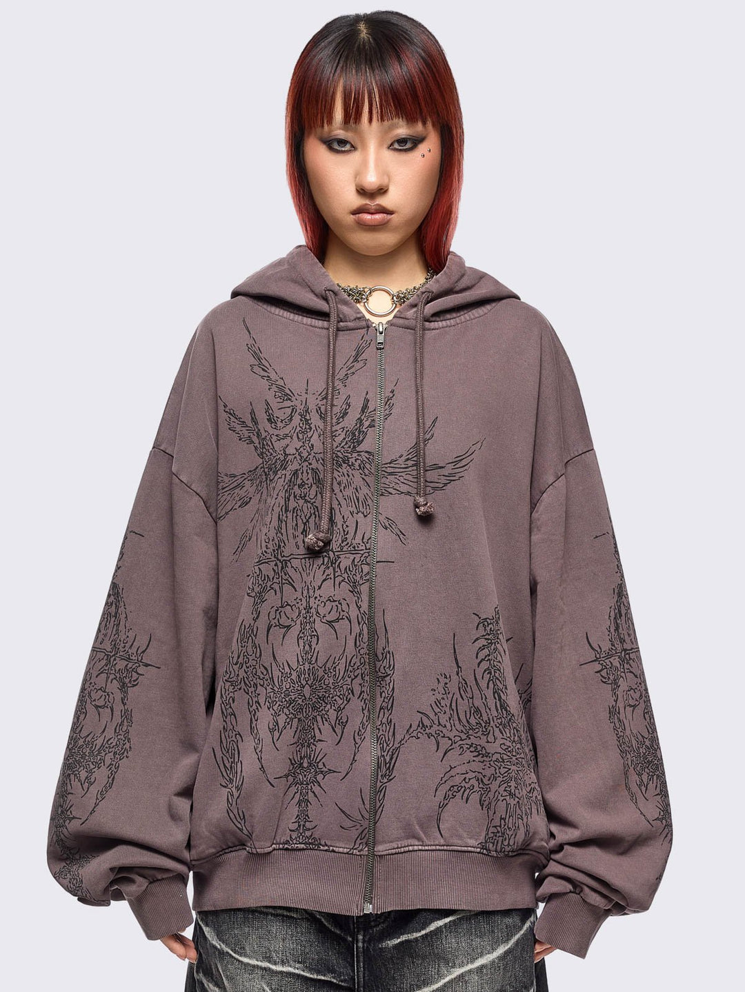 Brown Wash Oversized Zip Up Hoodie with Abstract Print | Minga