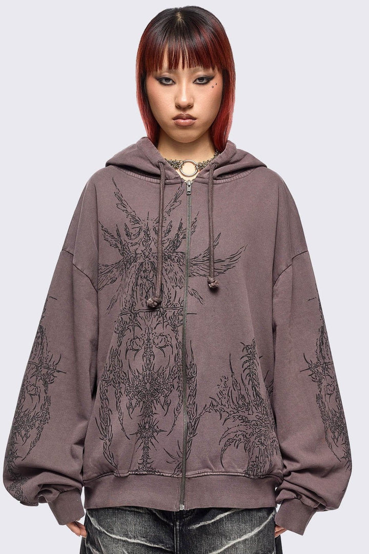 Brown Wash Oversized Zip Up Hoodie with Abstract Print | Minga