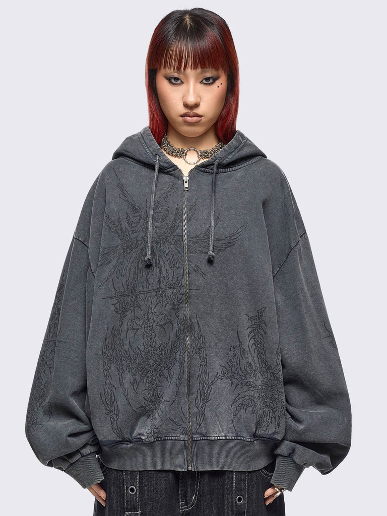 Grey Wash Oversized Zip Up Hoodie with Abstract Print - Grunge