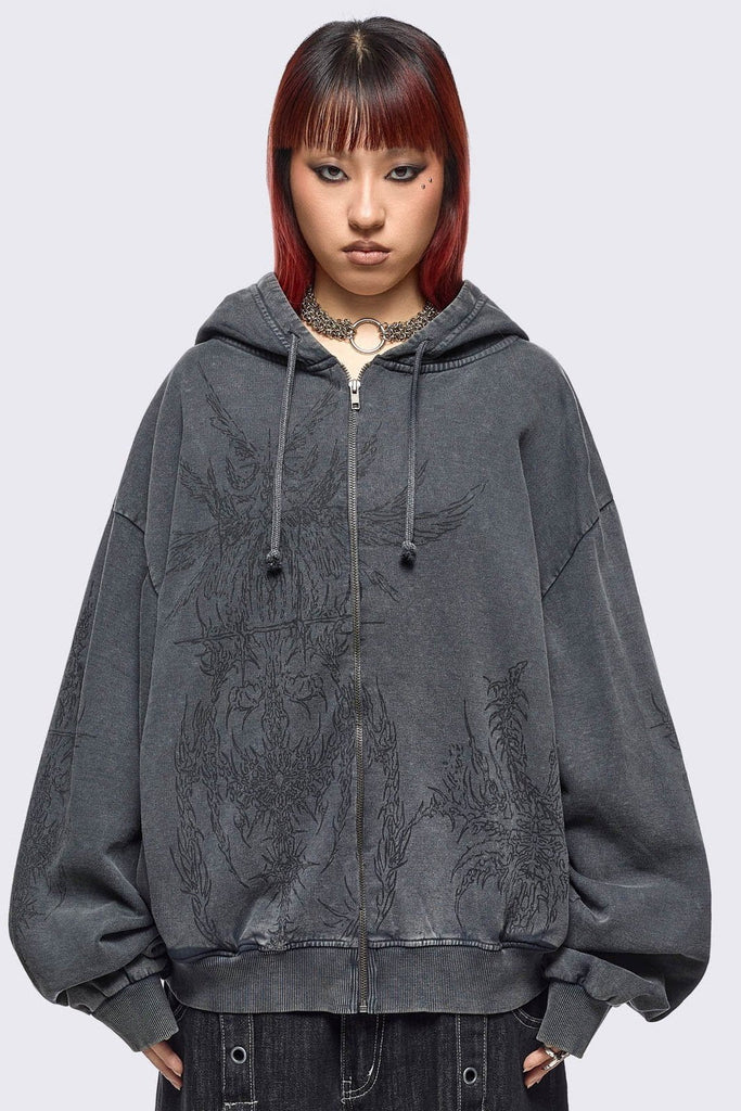 Grey Wash Oversized Zip Up Hoodie with Abstract Print - Grunge
