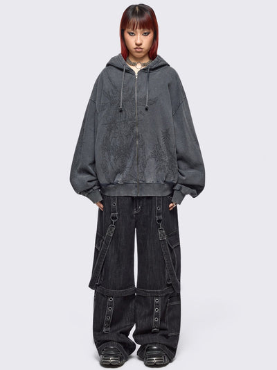 Grey wash oversized zip up hoodie with abstract print