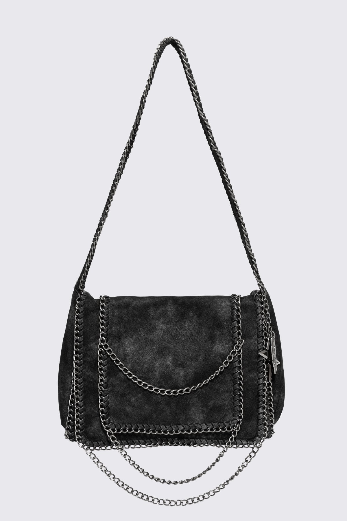 Black faux suede shoulder bag with chain trim, layered chains and fold-over flap in a grunge Y2K style.
