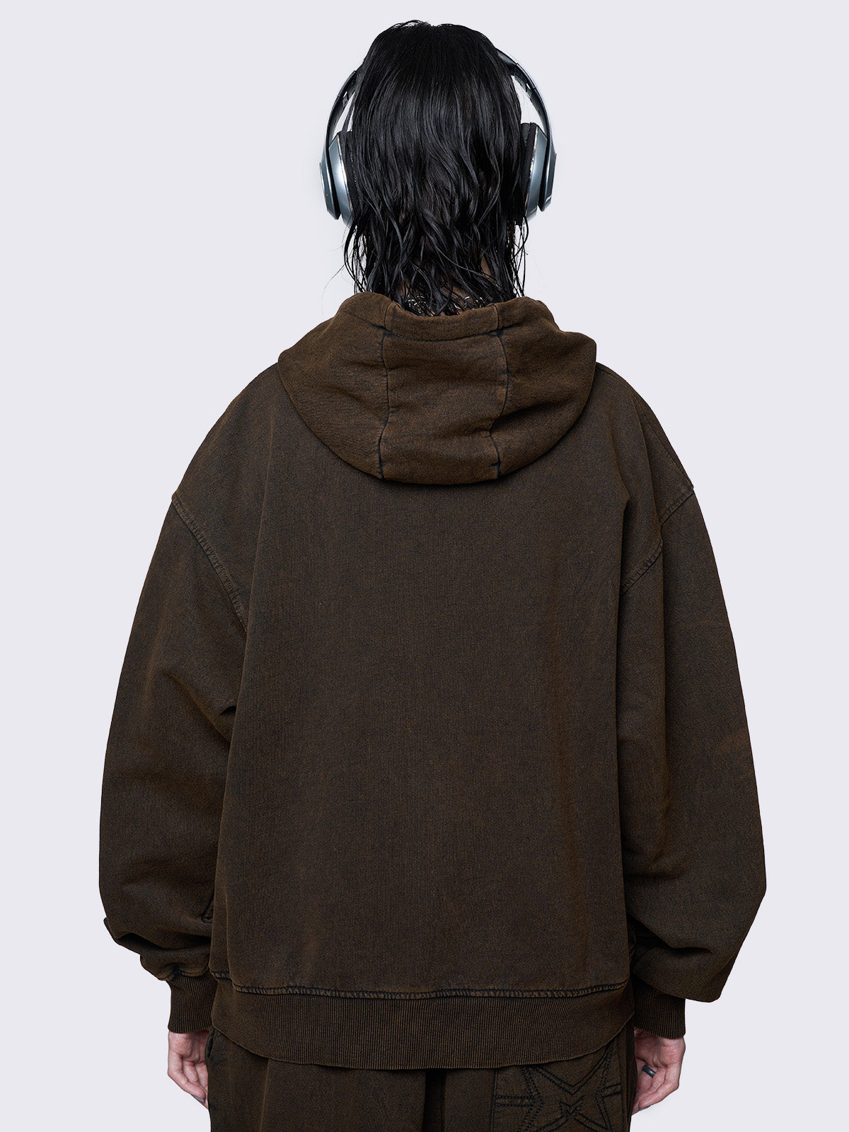 Oversized zip up hoodie jacket in washed brown featuring a "faith" graphic embroidered patch.