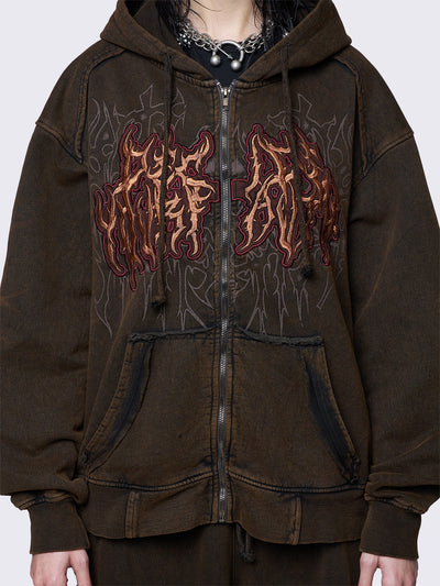 Oversized zip up hoodie jacket in washed brown featuring a "faith" graphic embroidered patch.