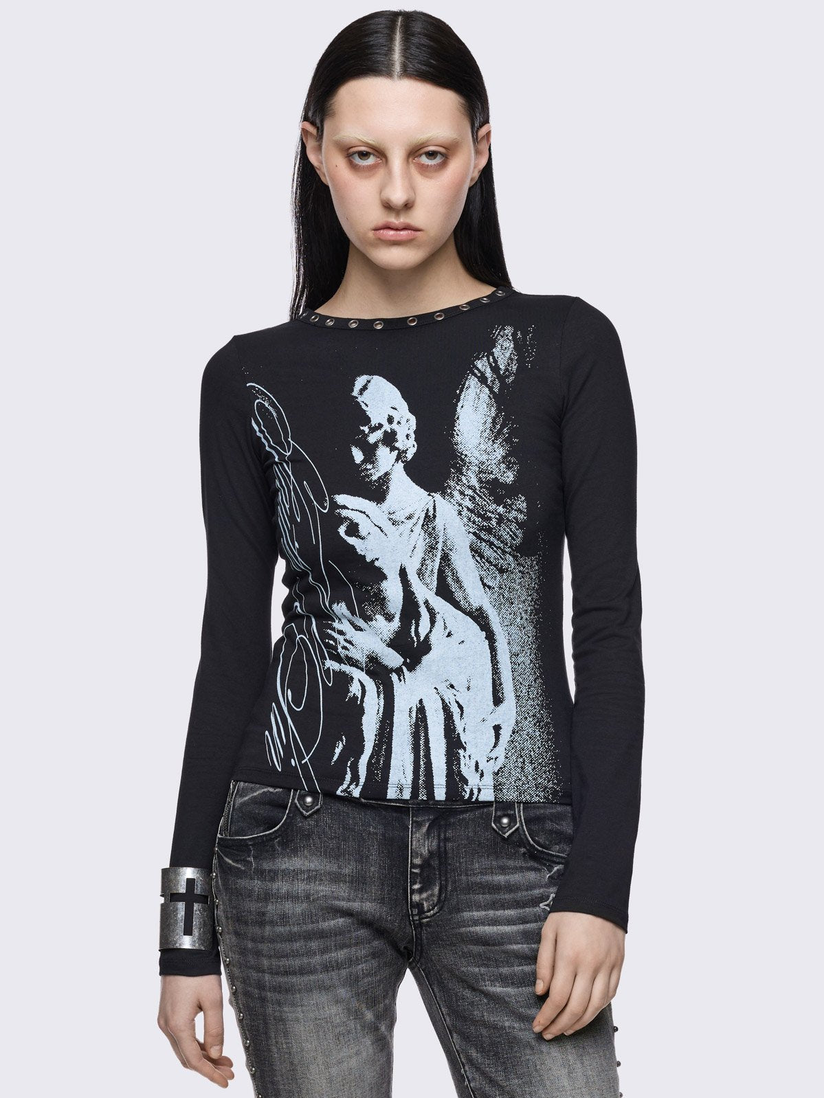 Black long sleeve top with white faith & sin graphic print