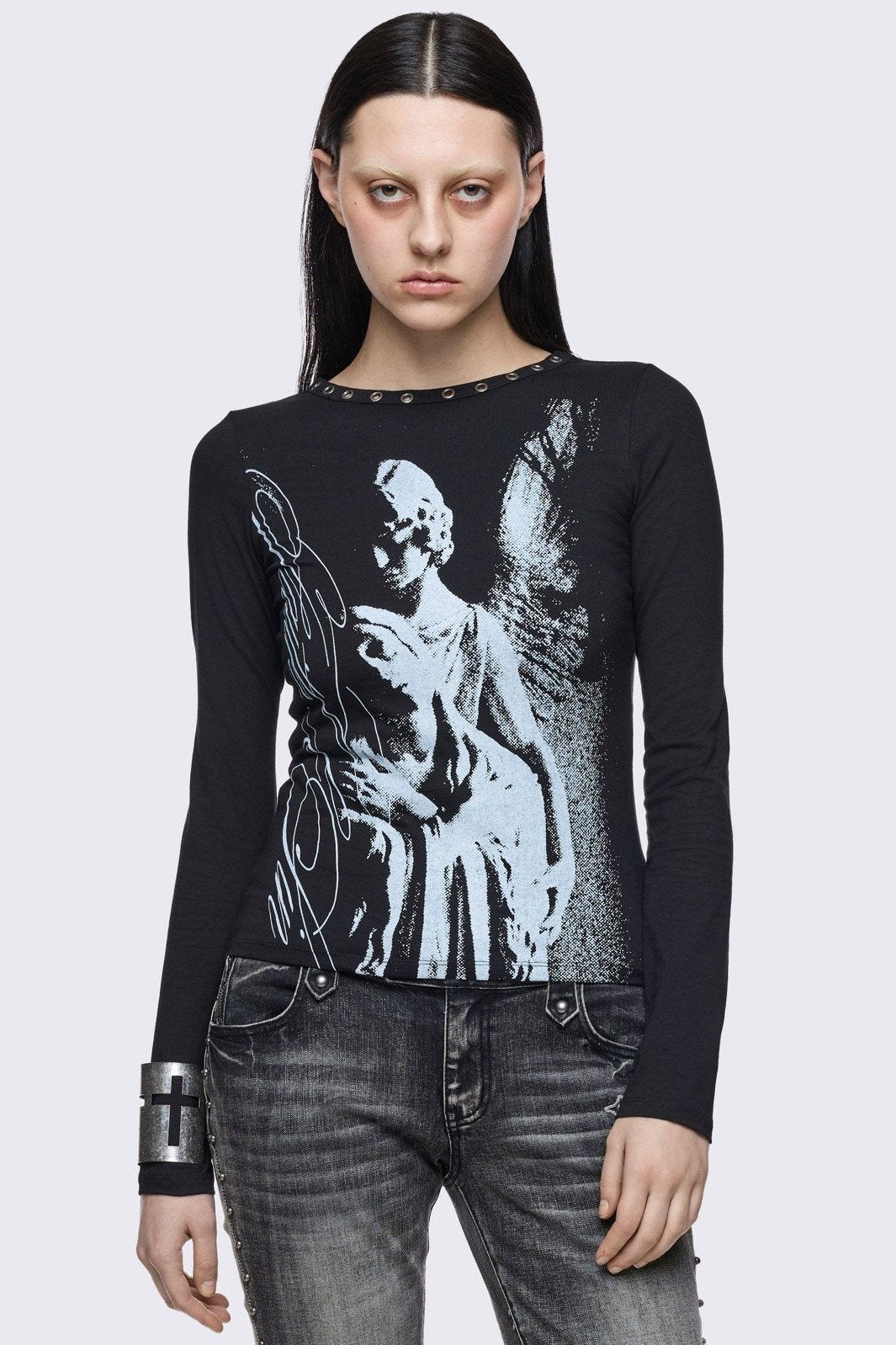 Black long sleeve top with white faith & sin graphic print