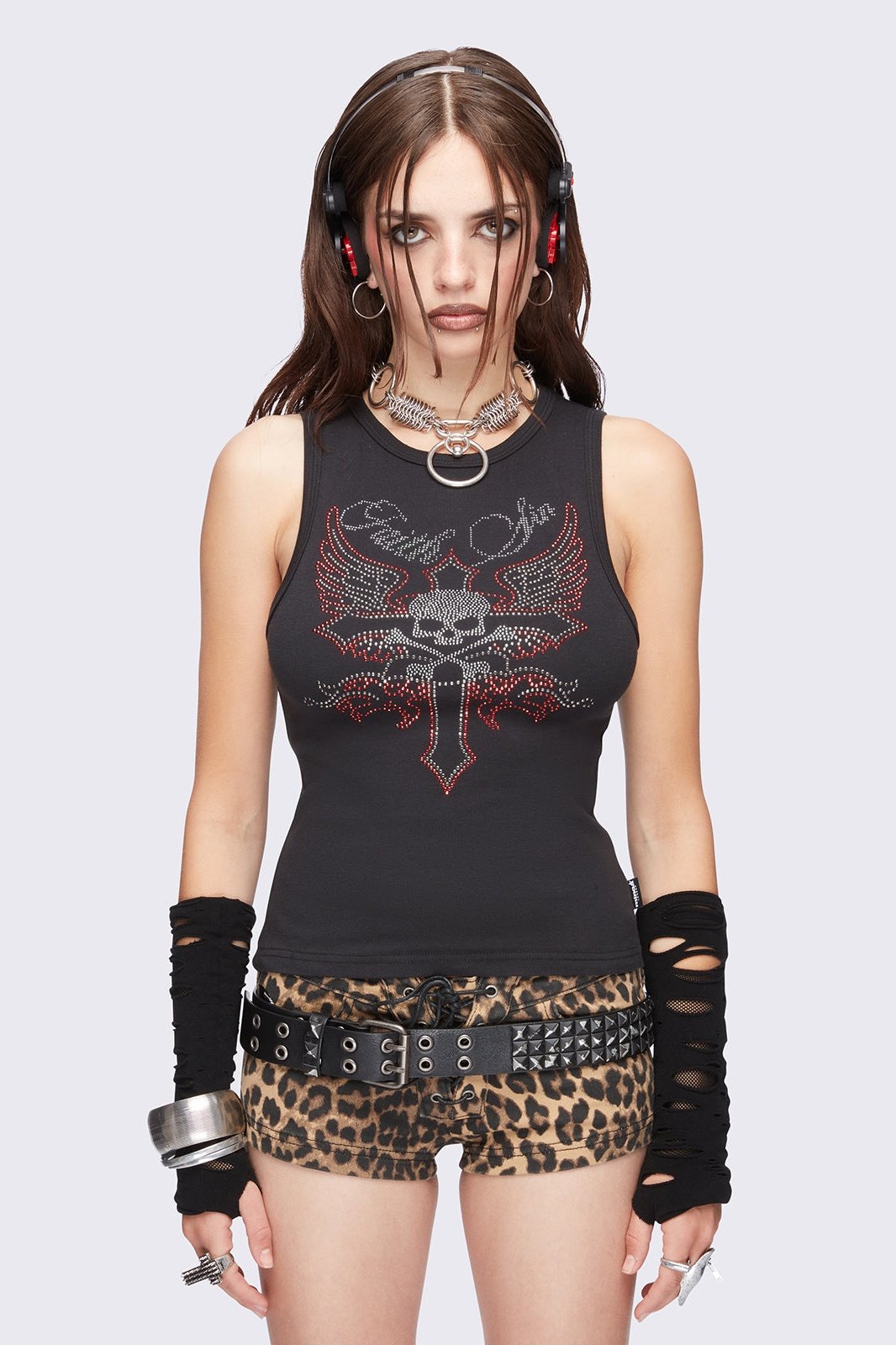 Black tank top with "Faith Sin", winged cross and skull rhinestones graphic. 