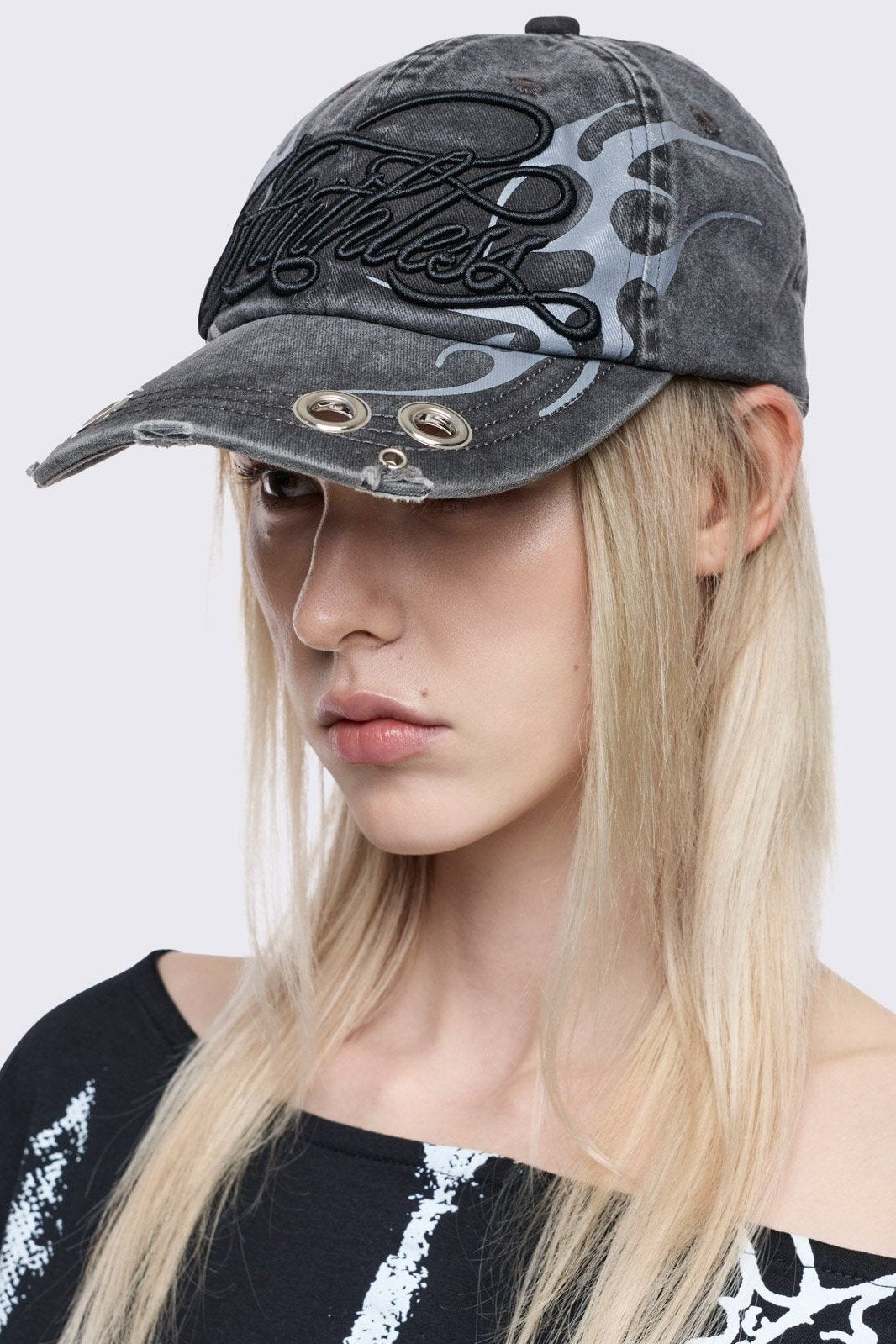 Grey washed denim distressed baseball cap