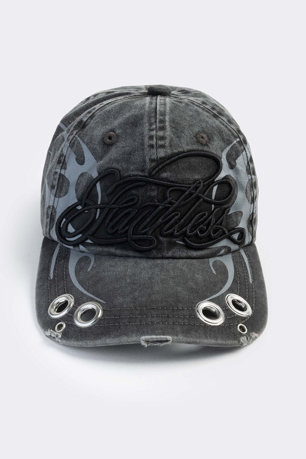 Grey washed denim distressed baseball cap