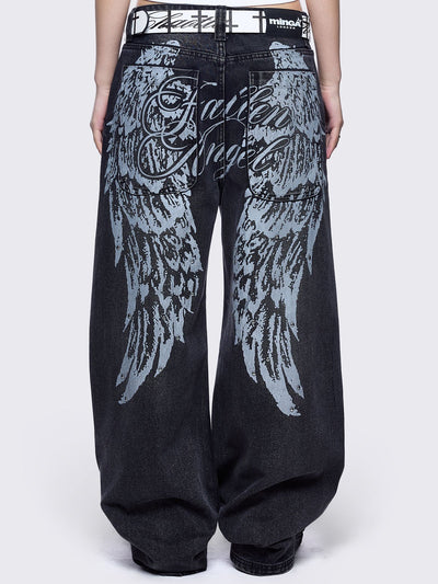 Black washed baggy jeans featuring a "Fallen Angel" winged graphic back print.