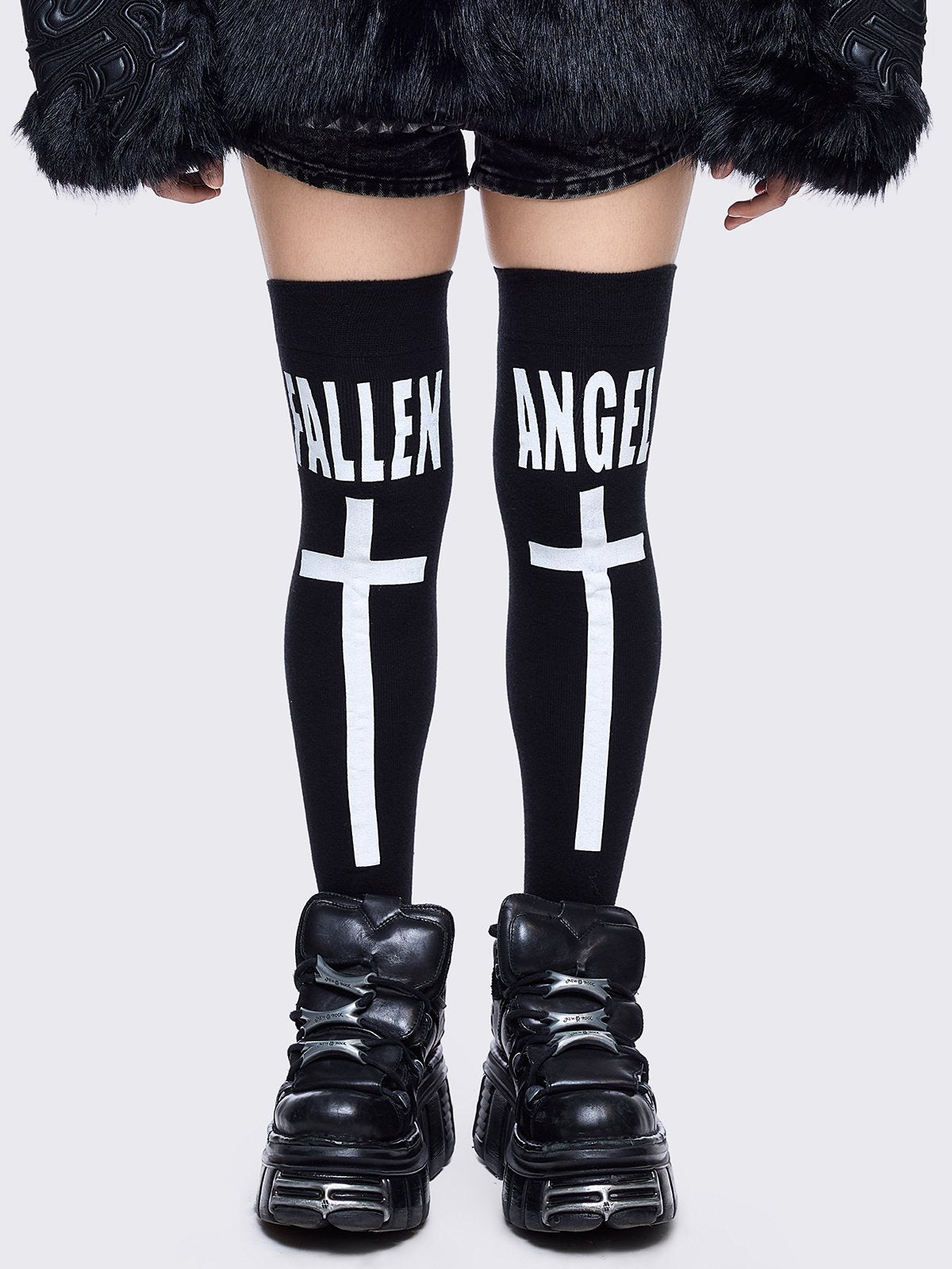 Black opaque thigh highs socks with "fallen angel" cross graphic design 