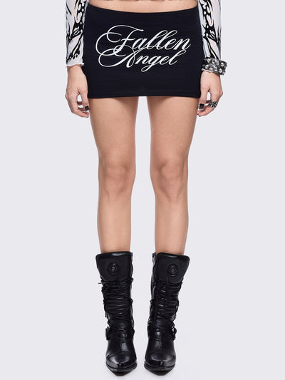 Black micro skirt with "Fallen angel" and wings print