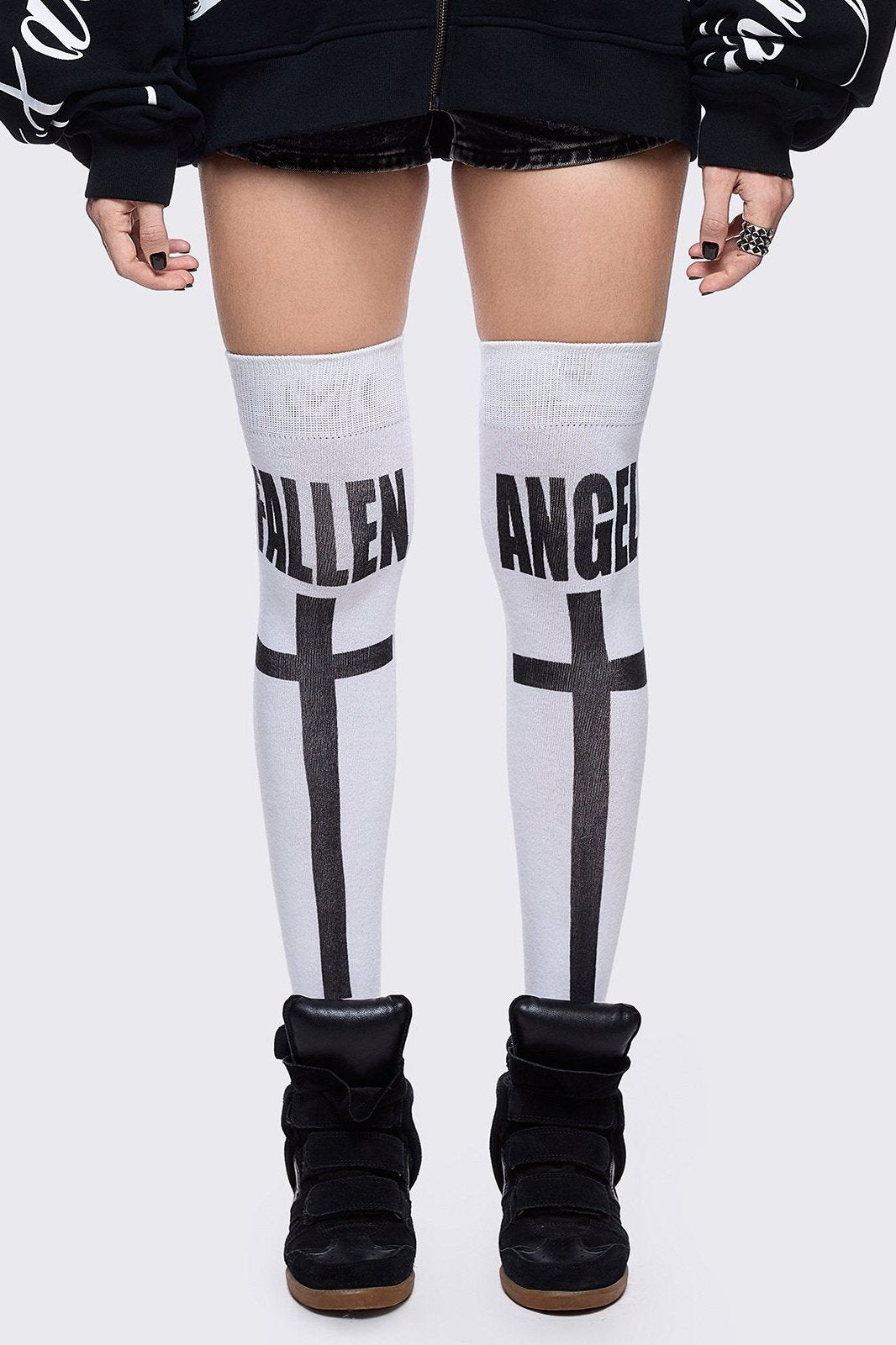 White opaque thigh highs socks with "fallen angel" cross graphic design. 