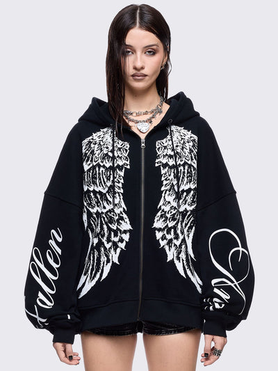 Black zip up hoodie jacket featuring a white wings graphic front print and "fallen angel" on sleeves