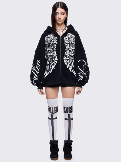 Black zip up hoodie jacket featuring a white wings graphic front print and "fallen angel" on sleeves