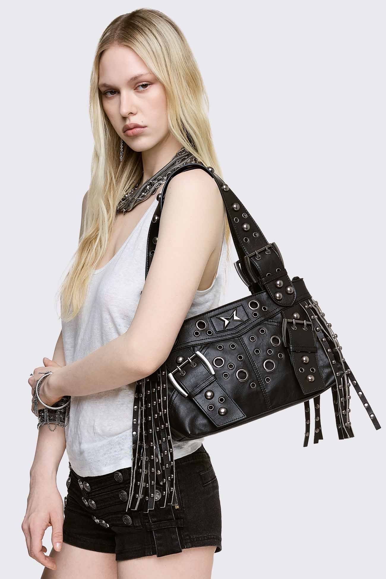 Black Studded Shoulder Bag With Fringe | Minga London