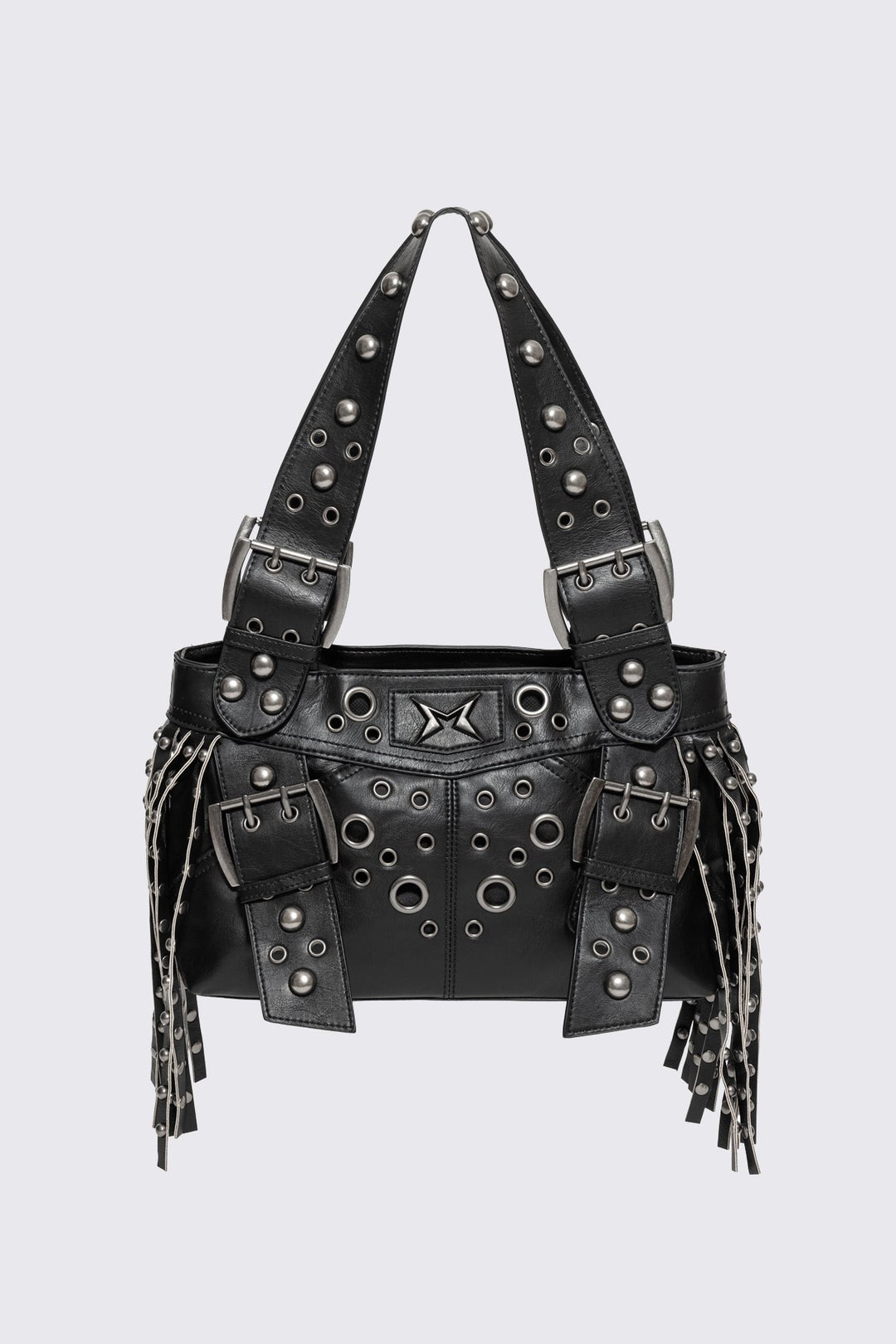 Black Studded Shoulder Bag With Fringe | Minga London