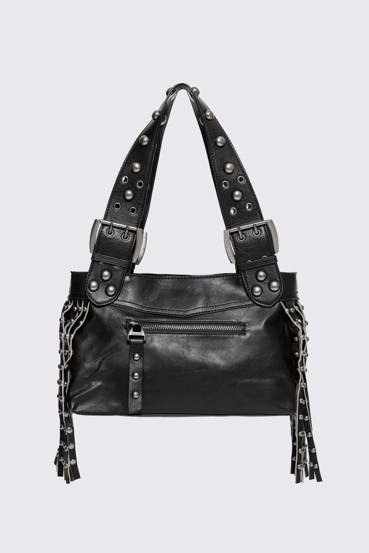 Black Studded Shoulder Bag With Fringe | Minga London