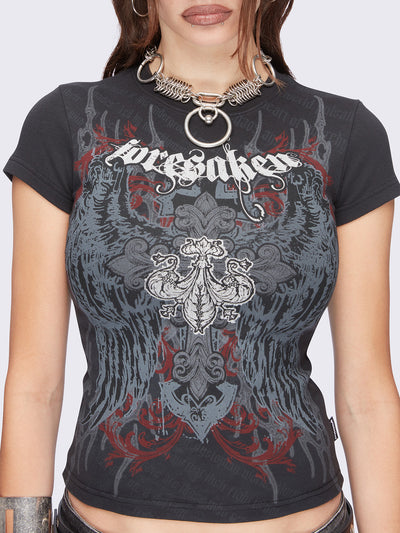 Black graphic baby tee with "Foresaken" and winged cross graphic print.