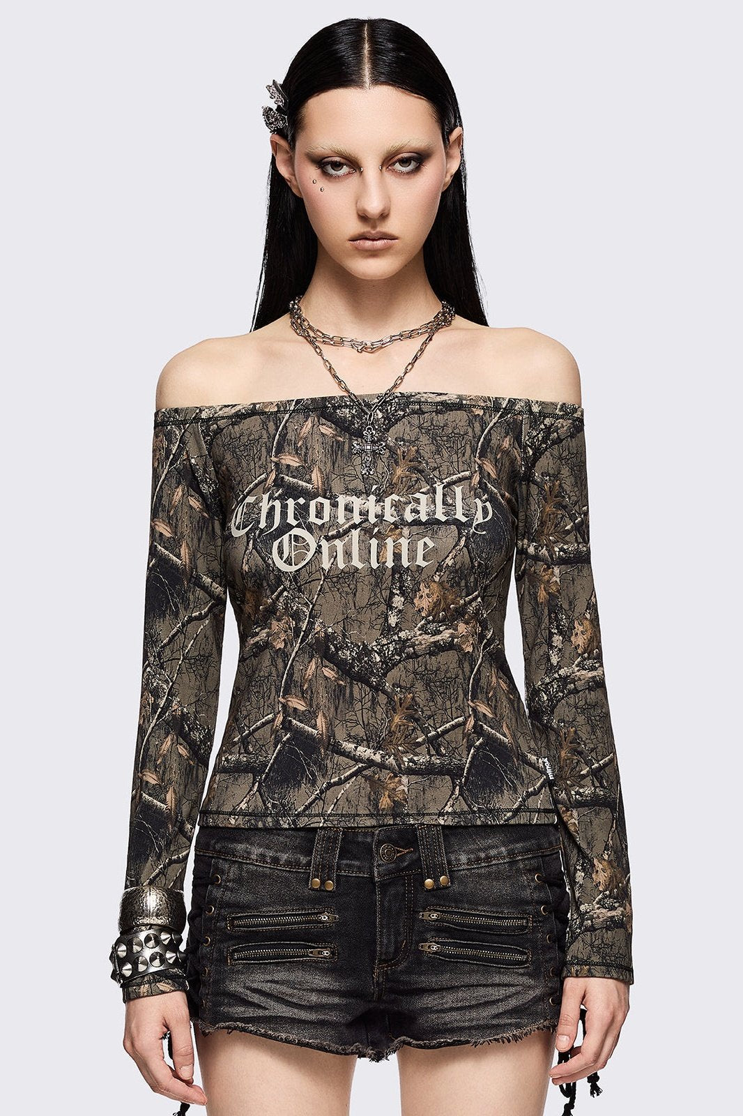 Camouflage real tree printed off-shoulder top with 'Chronically Online' text.