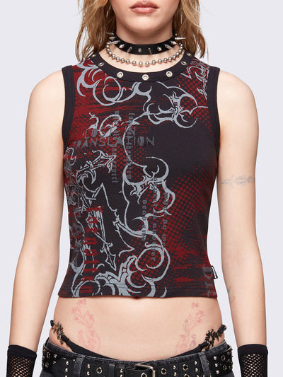 Black tank top with red and grey grunge graphic front print and eyelet details at neckline. Vest and sleeveless style.