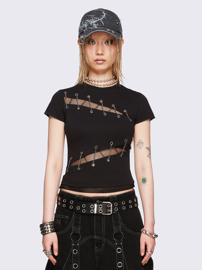 Black baby tee with diagonal fishnet cut-outs, eyelet and chain lace-up details, and short sleeves.