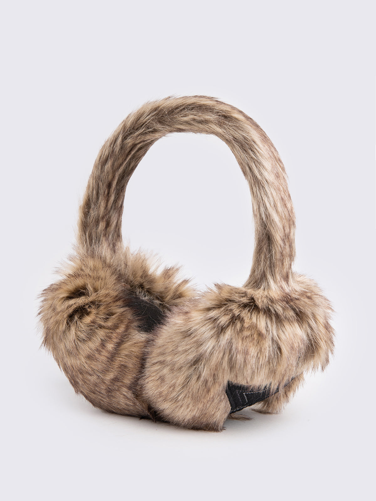 Faux fur earmuffs in beige and brown featuring stars embroidered patch in black.