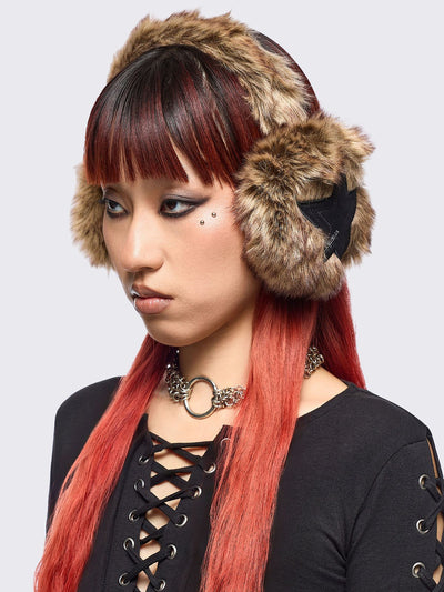 Faux fur earmuffs in beige and brown featuring stars embroidered patch in black.