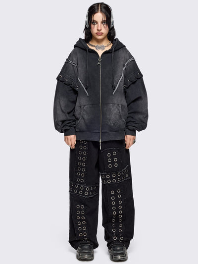 Black washed zip up hoodie. Featuring a layered effect, with selver eyelets, lace ups and seams details. 