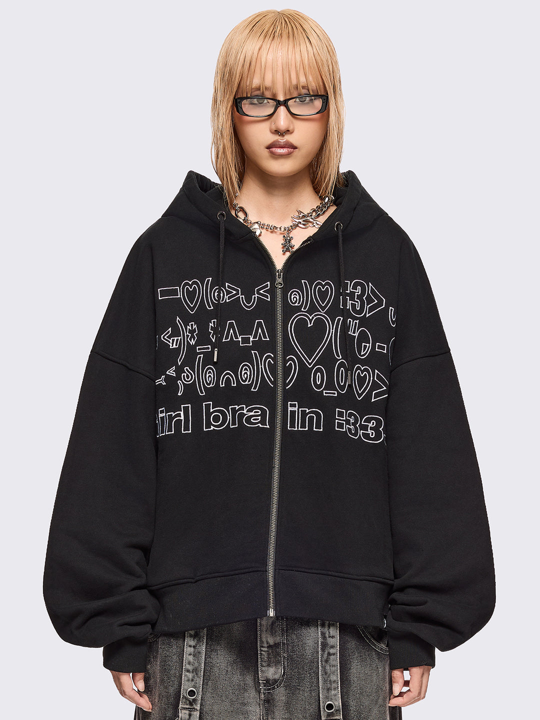 Oversized Graphic Zip Up Hoodie with Kaomoji Ascii Embroidery