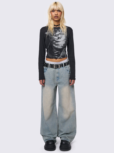 Baggy wide leg jeans in washed light blue with bege overdye wash