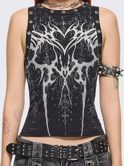 Black tank top with sigilism heart front print and eyelet trim details.