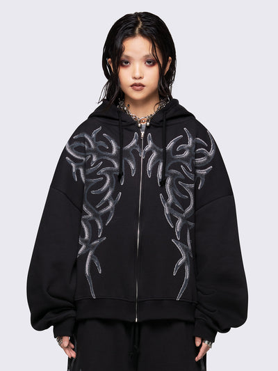 Black oversized zip up hoodie jacket with sigilism graphic front print.