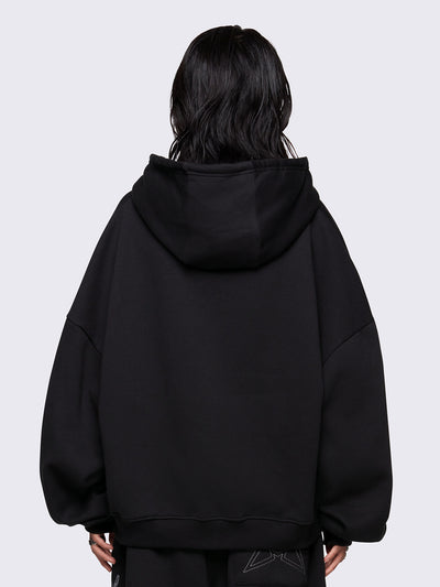 Black oversized zip up hoodie jacket with sigilism graphic front print.