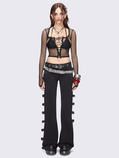 Black fishnet corset top with adjustable lace up front design and thumbhole cuffs.