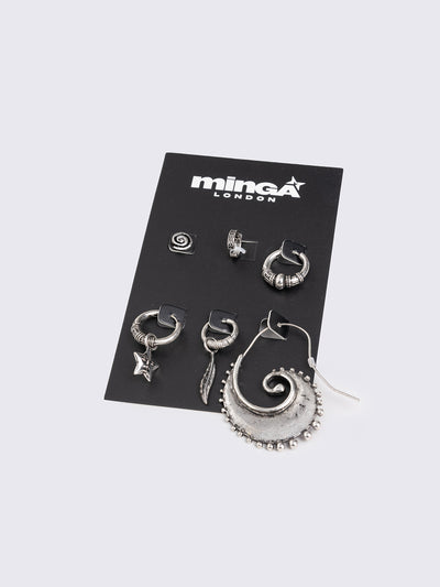 Silver 5-piece earring set including swirl, star, and feather pendants, an ear cuff with a stone accent, and hoop-style earrings.