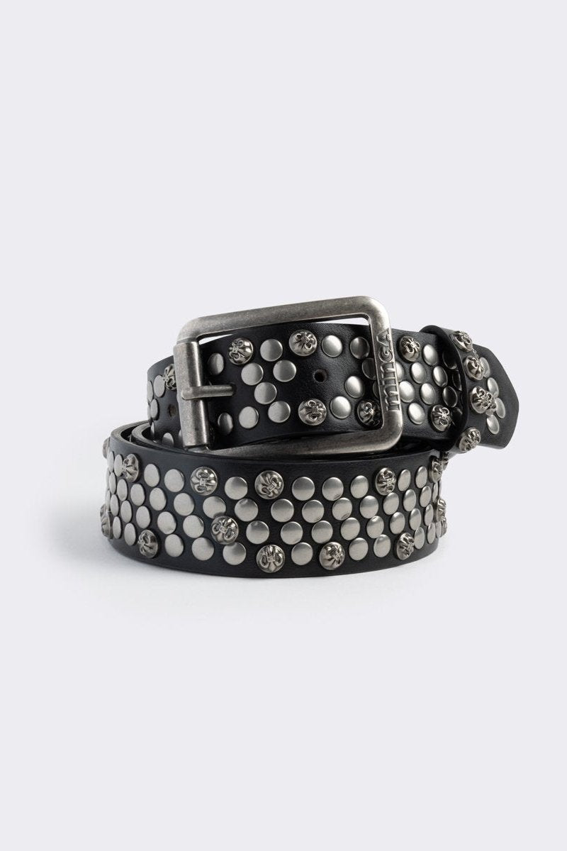 Black vegan leather buckle belt with stud details. 