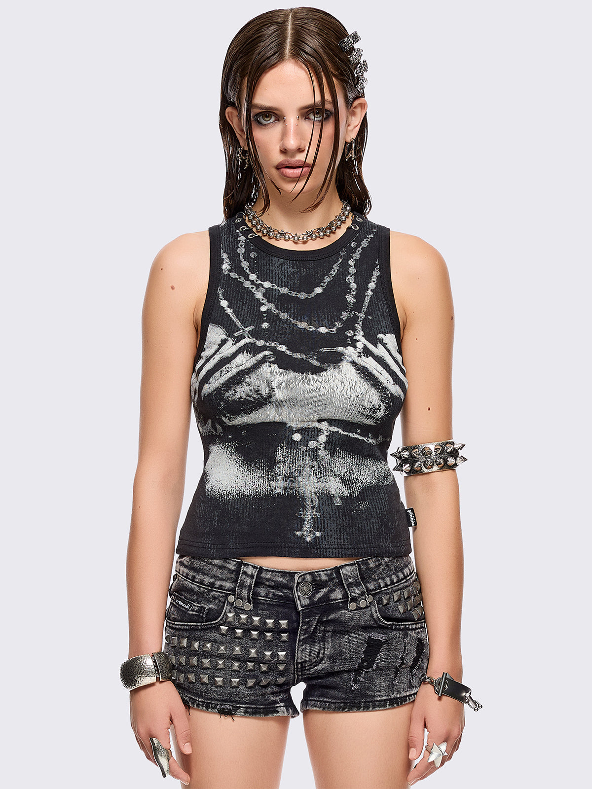 Black tank top with hands X-ray graphic front print.