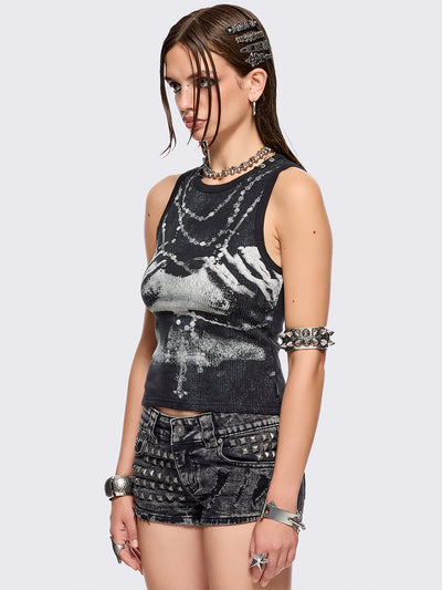 Black tank top with hands X-ray graphic front print.