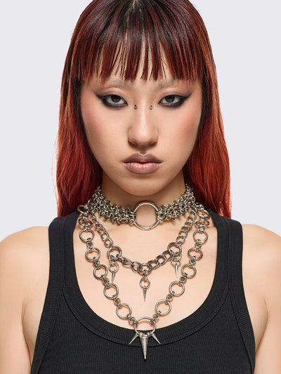Silver O-ring chunky choker necklace set featuring a multi-layer chain design with spike pendants.