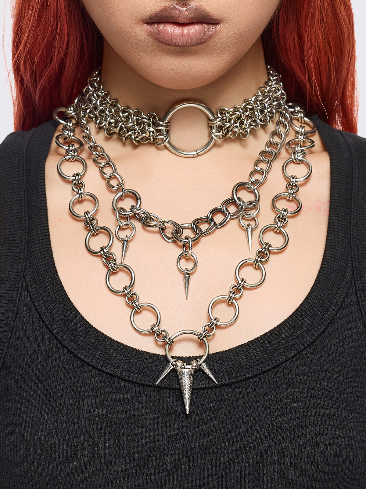 Silver O-ring chunky choker necklace set featuring a multi-layer chain design with spike pendants.
