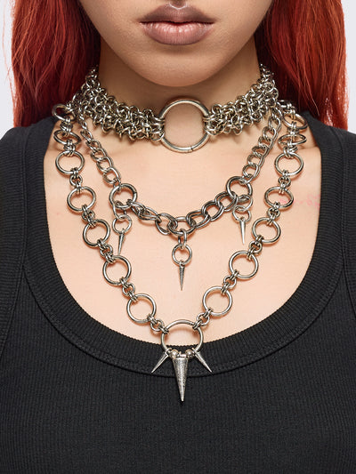 Silver O-ring chunky choker necklace set featuring a multi-layer chain design with spike pendants.