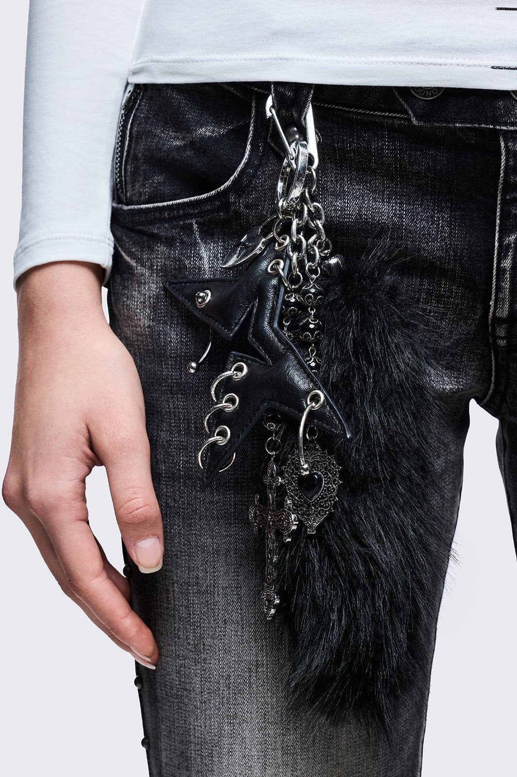 Silver clasp keychain: multi-charm design with furry fox tail, cross, heart and more 