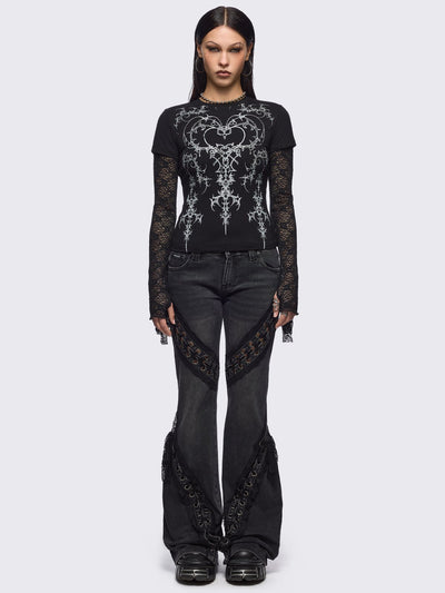 Black layered long sleeve baby tee featuring a grunge sigilism graphic front print and lace contrast sleeves with thumbhole cuffs.