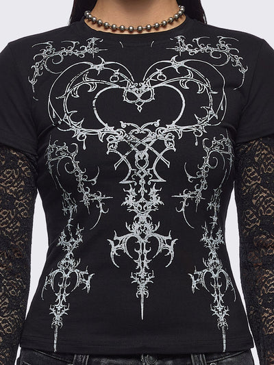 Black layered long sleeve baby tee featuring a grunge sigilism graphic front print and lace contrast sleeves with thumbhole cuffs.